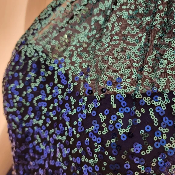 Blue Ombre Sequin Halter Dress w/ Beaded Waistband Prom Formal - Picture 11 of 13